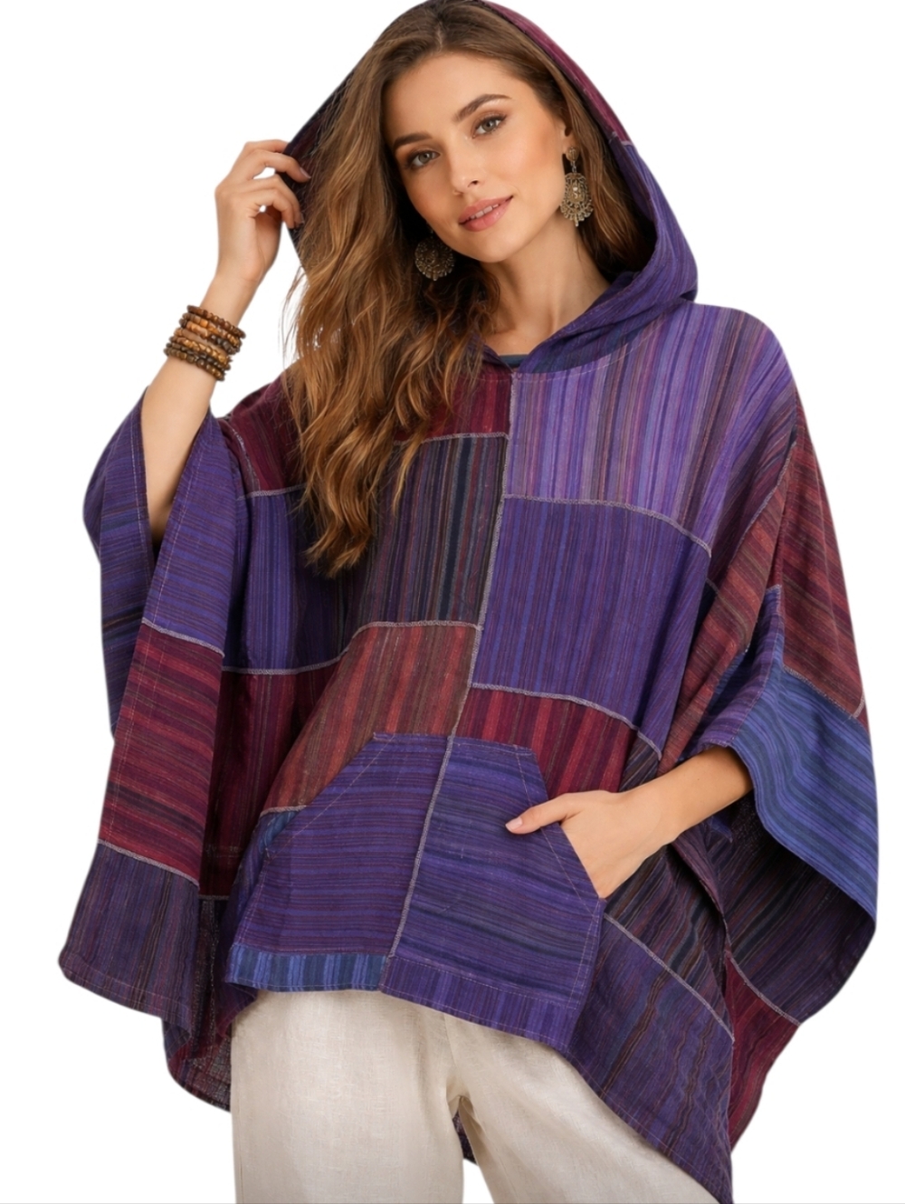 Yak & Yeti Patchwork Hooded Poncho Purple Burgundy Striped Boho OS Oversized